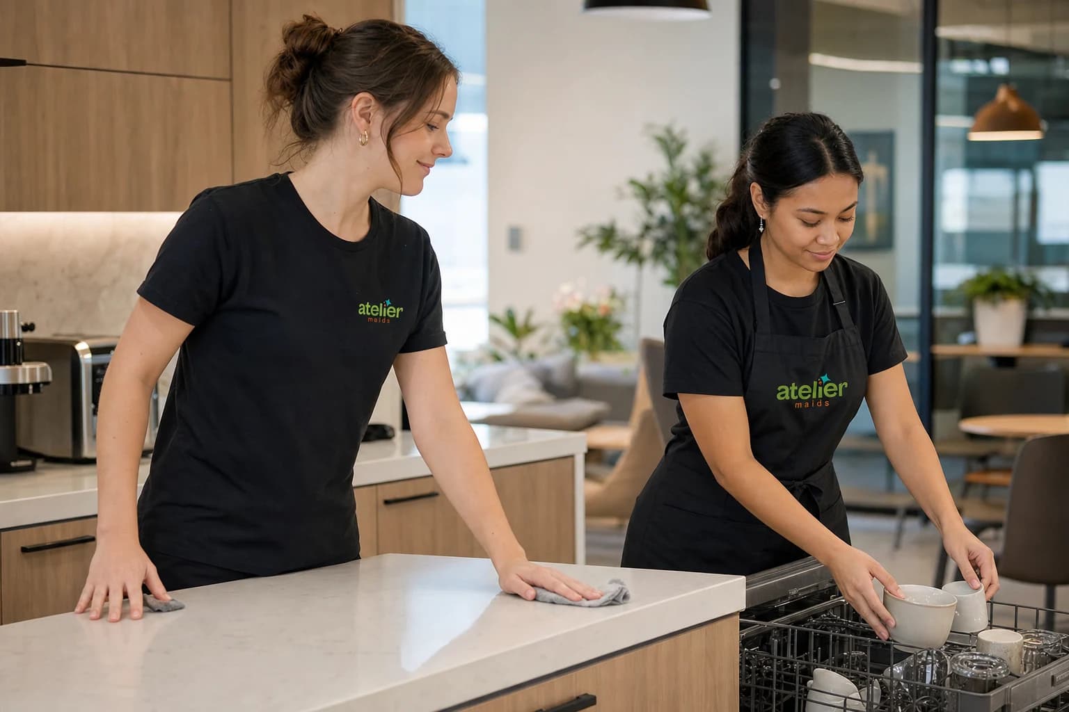 Two Atelier Maids cleaning specialists working through a bright open-plan kitchen